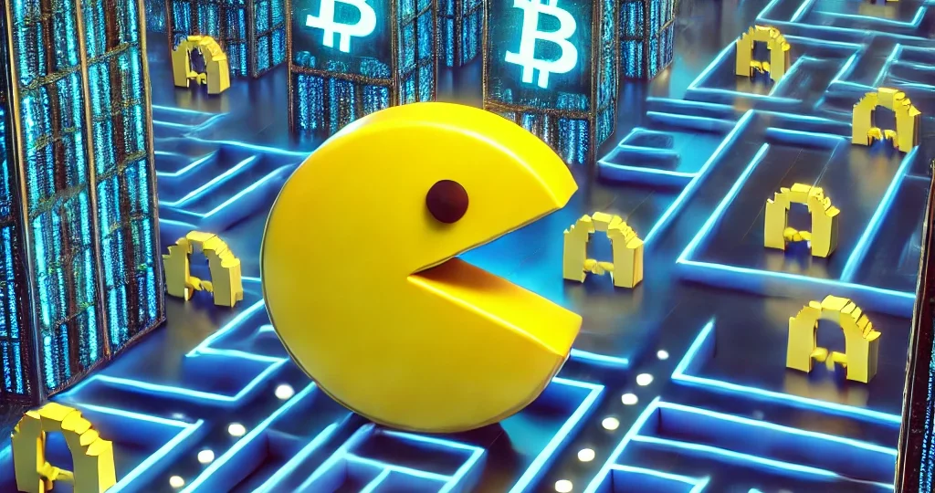 DALL·E 2024-09-30 13.58.53 - A creative image depicting a Pacman-like game scenery with blockchain symbols instead of dots. In the background, a digital maze-like structure simila