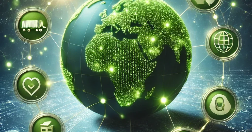 DALL·E 2024-10-20 15.34.33 - A professional, powerful image representing sustainable supply chains. The image should feature interconnected, vibrant green supply chains wrapping a