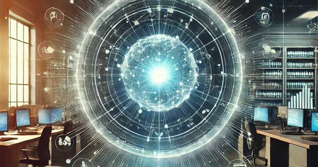 DALL·E 2024-12-06 17.45.56 - A sleek, high-tech business-themed visual representing procurement transformation. The central focus is a glowing digital sphere made of interconnecte