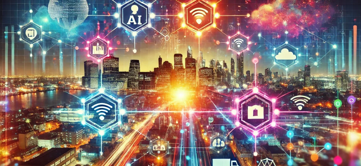 DALL·E 2025-01-06 11.55.38 - A futuristic, dynamic image showcasing a vibrant cityscape blended with elements of digital transformation and procurement technology. Interconnected