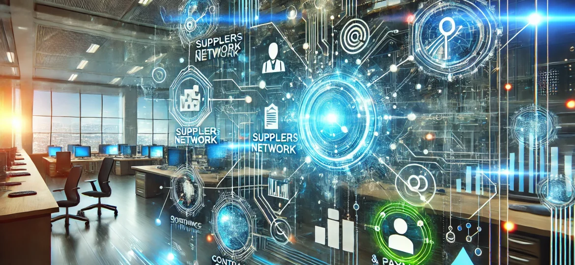 DALL·E 2025-01-17 10.18.30 - A professional and dynamic illustration representing procurement digitization and transformation. The image features a futuristic digital dashboard wi