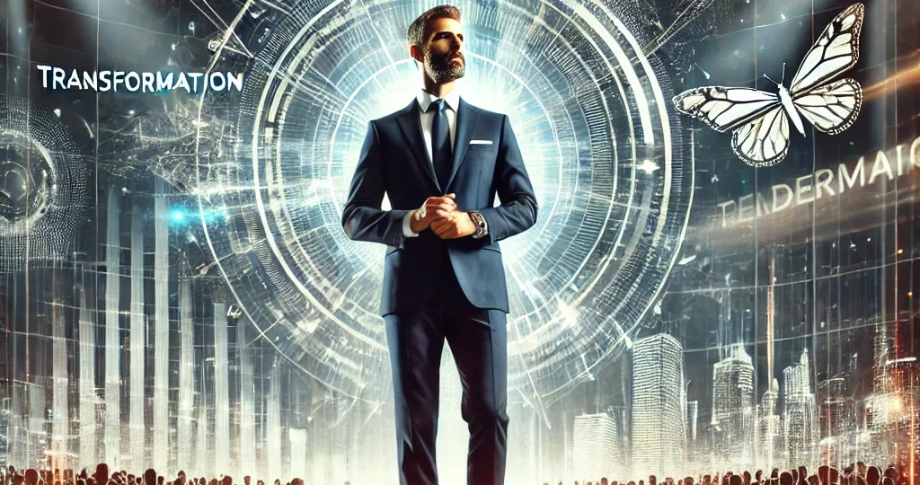 DALL·E 2025-02-18 09.30.49 - A bold, visionary business leader standing on a stage, addressing an engaged, inspired audience. The setting is modern and high-energy, with a futuris