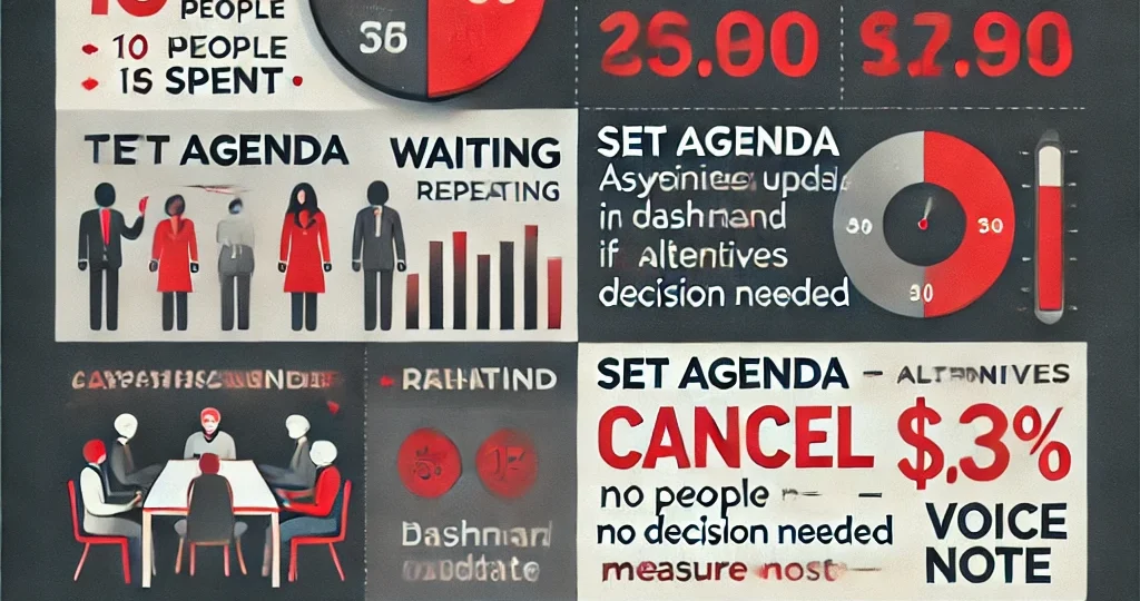 DALL·E 2025-04-22 16.24.26 - An infographic illustrating the hidden costs of unproductive business meetings. The top section shows a pie chart breaking down how typical meeting ti